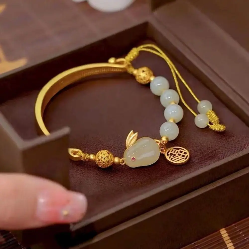 Браслет в стиле ретро с имитацией красного агата, Нефритовый кролик, металлический кулон фу, кленовый лист, луна, кролик, женский браслет на удачу, ювелирные изделия