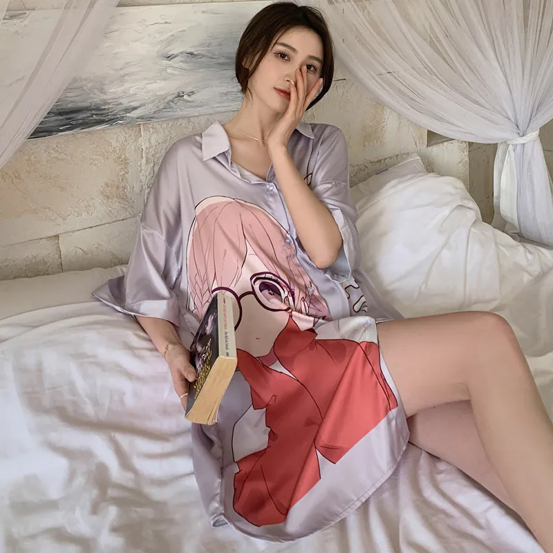 Sweet Home Dress Women Summer Nightgown Boyfriend Shirt  Sleepwear Button-up Nightshirt Sexy Ice Silk Female Pajamas Clothes Pj
