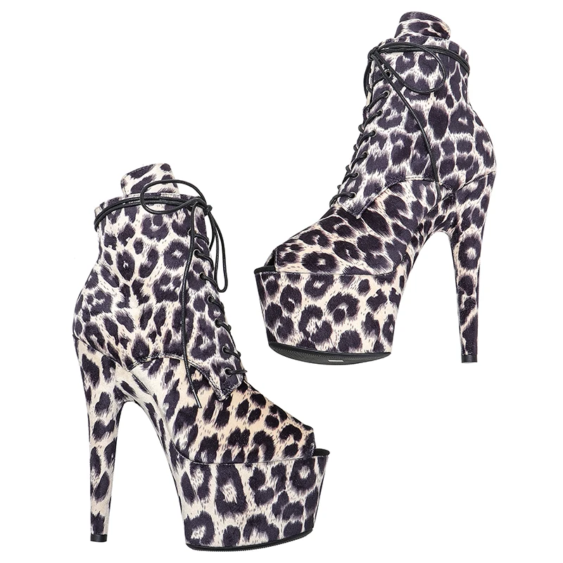 Leecabe 17CM/7inches ankle boots  leopard upper open toe   platform party  shoes Pole Dance boot