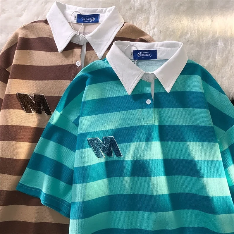 

Harajuku Japan Style Striped POLO T Shirts Summer Oversized Short Sleeve Tops Casual Loose Large 2XL Graphic Tee Couples Unisex