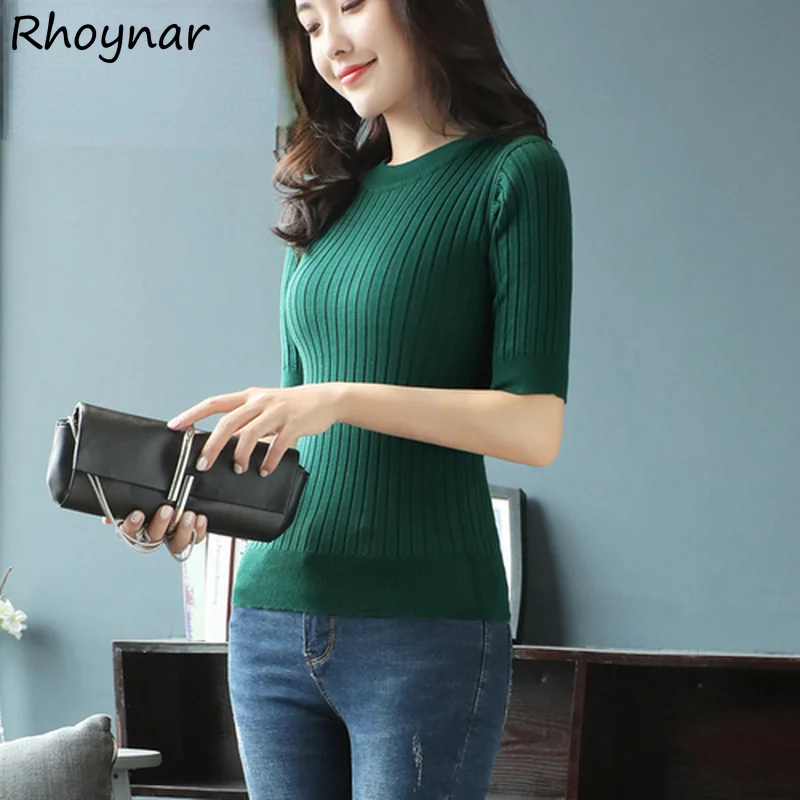 

T-shirts Women Summer Screw Thread Design Fashion Knitted New Slim All-match Soft Simple Sweaters Casual Korean Style Popular