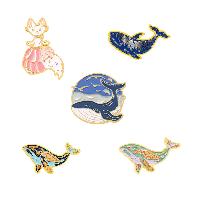 

Underwater World Dreamy Whale Enamel Pin Brooches Whale Cat Mermaid Aniaml Metal Backpack Badge Bag Clothespins Jewelry Gifts
