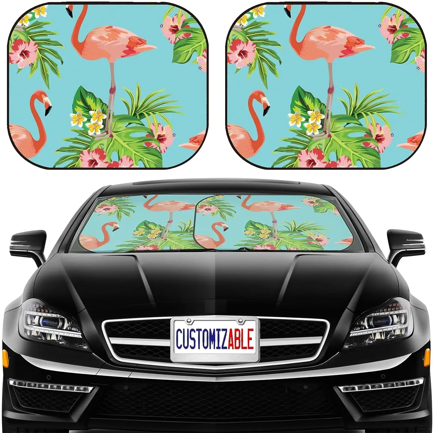 

Flamingo Car Windshield Sun Shade 2 Piece Foldable Car Sunshade Universal Fits Car Sedan SUV Sun Glare UV and Heat Protect Car