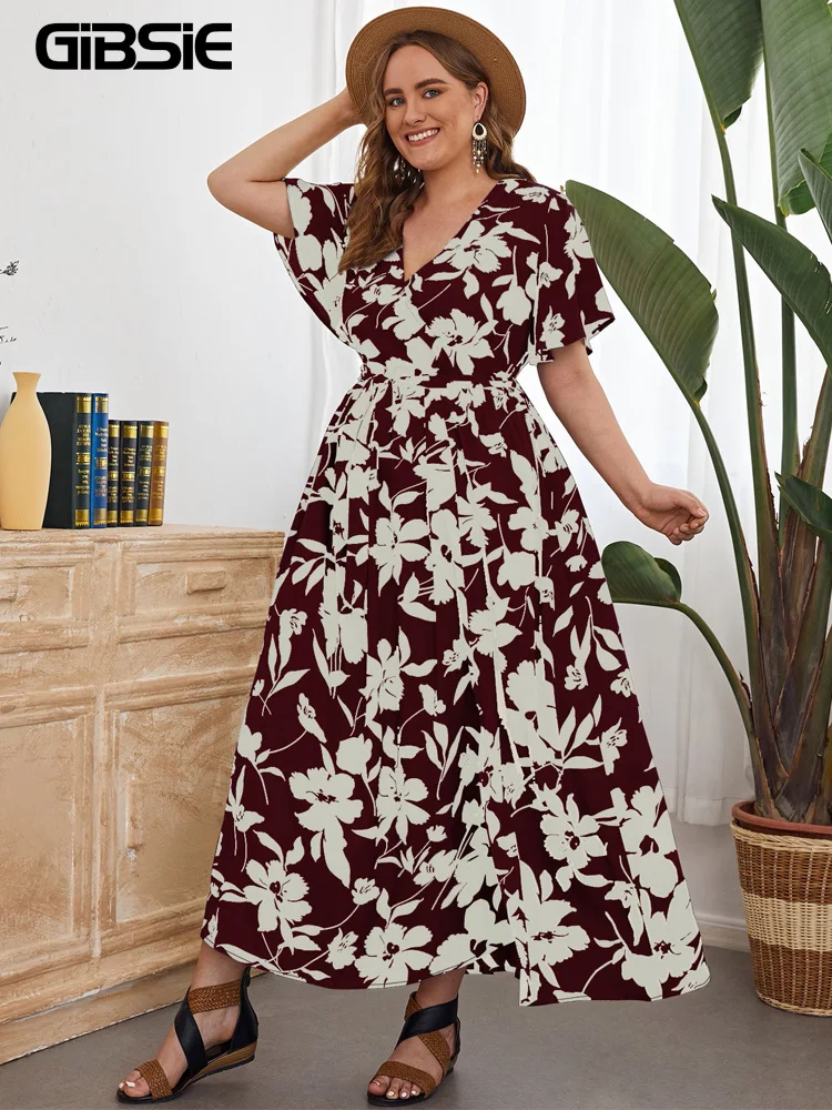 

GIBSIE Plus Size Surplice Neck Butterfly Sleeve Floral Print Dress Women Vacation Boho Beach A-line Summer Belted Maxi Dresses