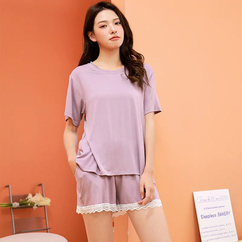 Pajamas for Women's Summer Fashionable Thin Short-sleeved Shorts Cool Feeling Home Suit Can Be Worn Outside Suit Lace Decoration