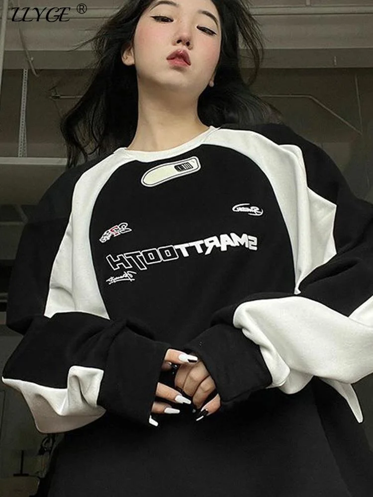 

Y2K Women Vintage Sweatshirt Korean Streetwear Loose Long-sleeved Stitching Tops Unisex Hoodies Harajuku Pullover Clothes