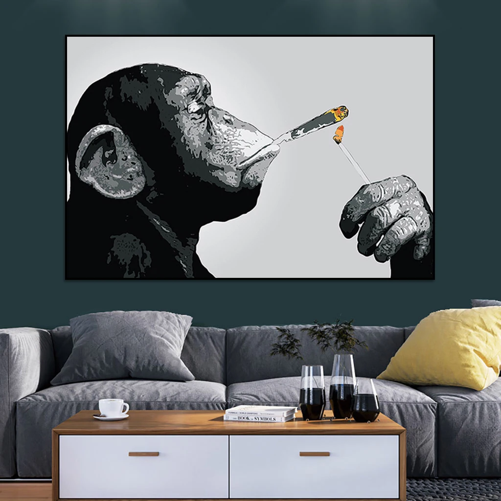 

Abstract Animal Monkey Ape Smoking Cigar Poster Printing Modern Canvas Painting Wall Art Picture for Living Room Home Decoration