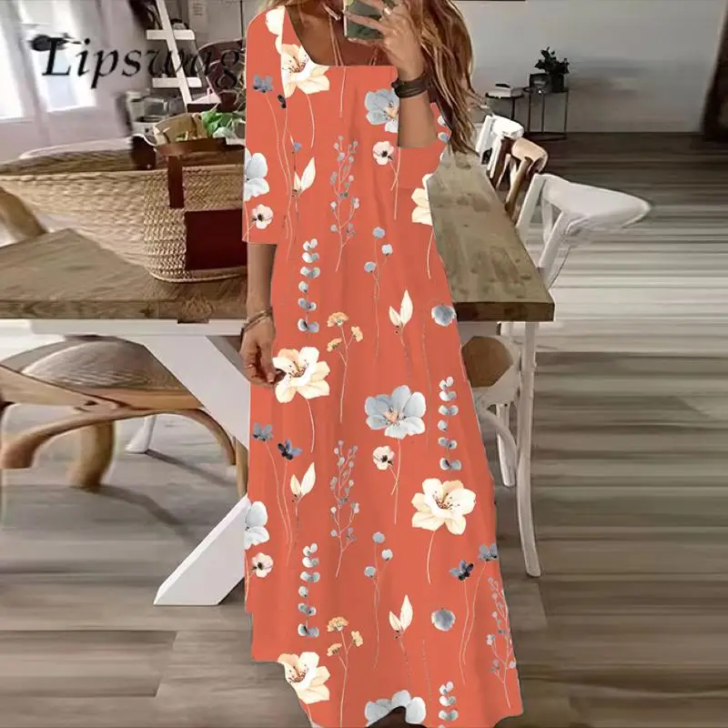 

Summer Square Neck Long Dress Casual Ladies Floral Print 3/4 Sleeve Loose Dress Bohemian Women's A-Line Sundress 2023 Streetwear