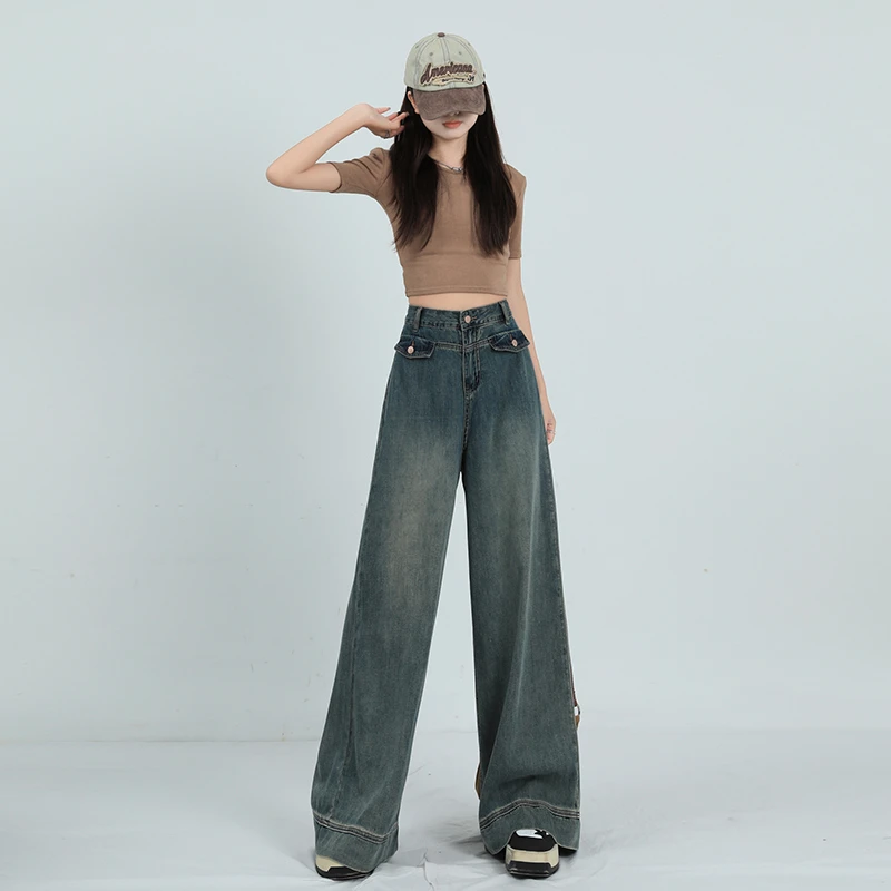Wide Leg Jeans for Women 2023 Vintage Blue Spring Summer High Street New Loose and Slim Drop Feel Straight Tube High Waist Thin