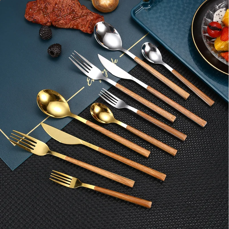 30pcs KuBac Hommi Quality 18/0 Stainless Steel Dinnerware Set Imitation Handle Cutlery Set Brown Gold Drop Shipping