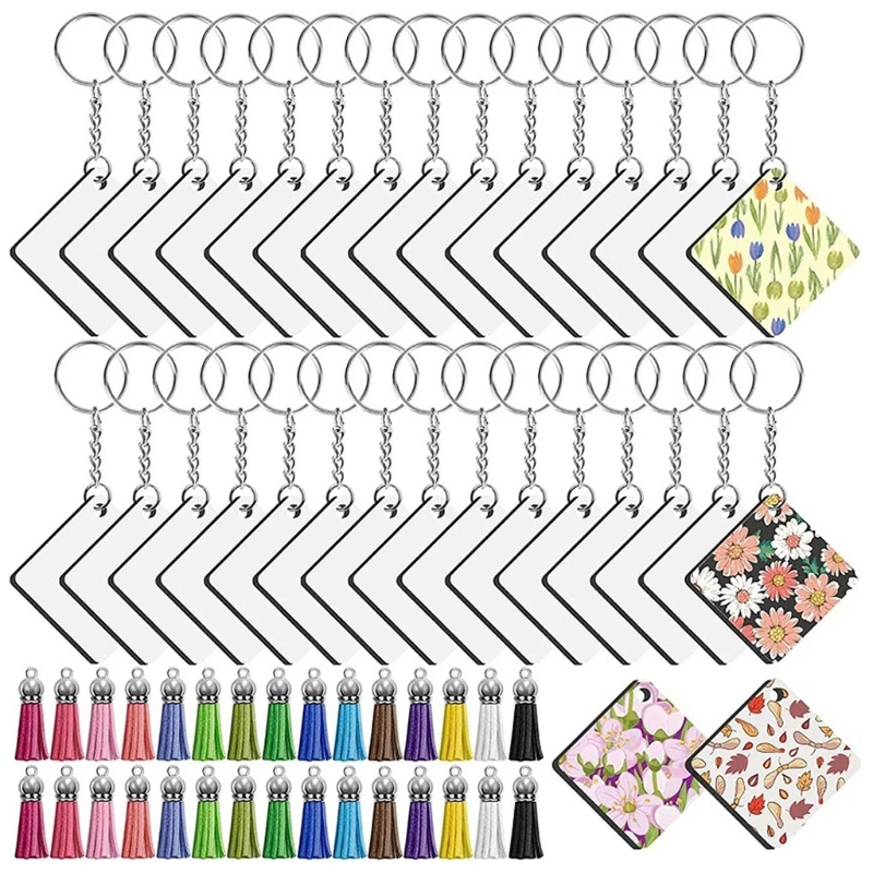 

120Pcs Sublimation Keychain Blanks Set With Tassels 2 Inch Square Sublimation Blanks Keychain Rings&Jump Rings For DIY Crafting