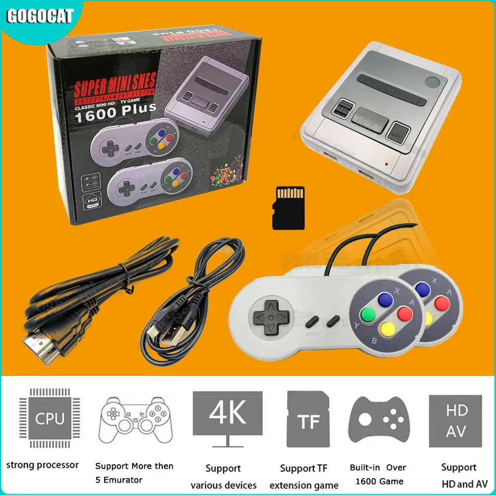 

64 Bit Portable Retro Game Console 4K HD Mini TV Controller 1600 Games for SNES/GBA/MD Gaming Player Gamepad for Super Nintendo