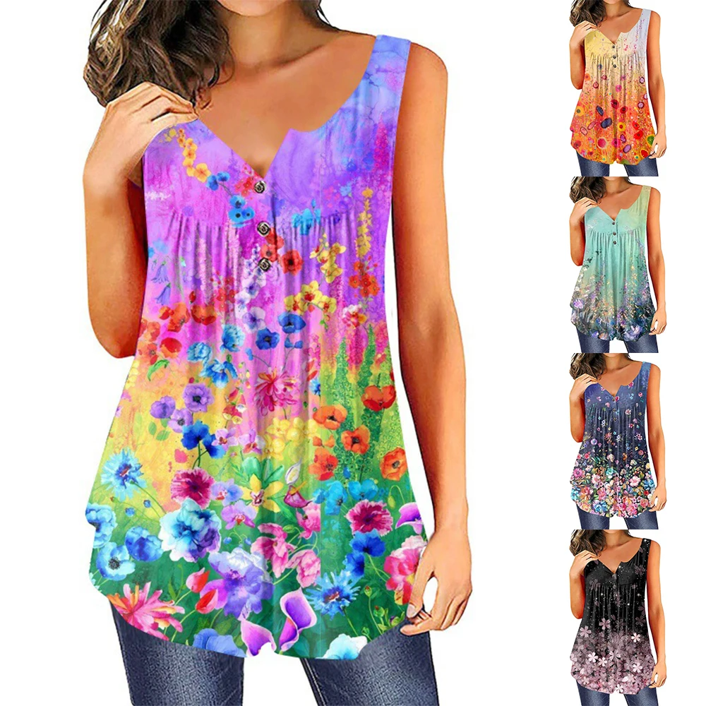 

Summer Women's Floral Print Fashion Off Shoulder Sleeveless Tee Oversize Vintage Vest Loose Button Top XS-8XL