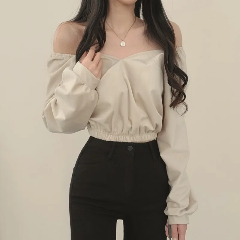 

Women's Blouse Korean Chic 2022 New Shirts French V-neck Elastic Waist Sleeve Short Velvet Shirt Women's Top Forest