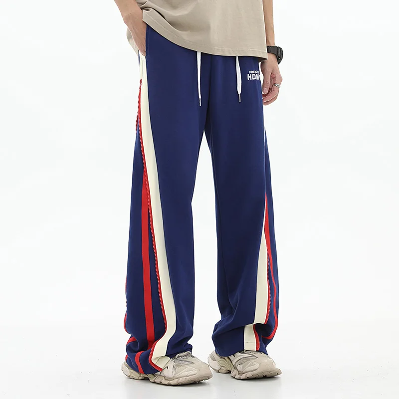 

Striped Wide Leg Track Pants for Men and Women Oversized Harajuku Streetwear Hip Hop Colorblock Side Zip Wide Sweatpant