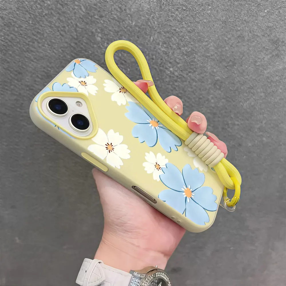 Фото Светло-голубой чехол для телефона с цветочным принтом для Samsung Galaxy S26 S25 S24 S23 S22 S21 Ultra Plus A55 A35 A34 с ремешком на запястье и шнурком №2