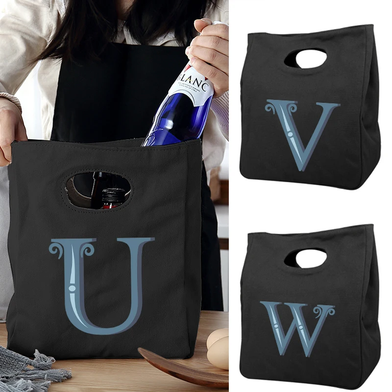 

Lunch Bag Simple Blue Letter Print Cooler Bag Women Portable Food Bag for Work Student Thermal Lunch Box Thermal Bag Fridge Bag