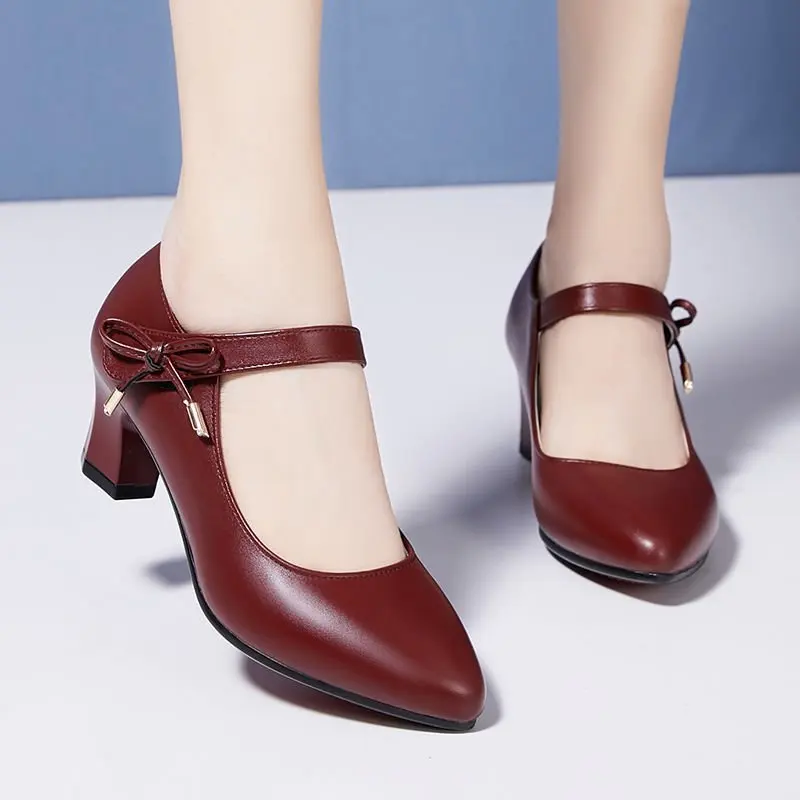 Plus Size Women Dress Shoes Med Heels Mary Janes Shoes Bow Pointed Toe Pumps Buckle Strap Grandma Shoes Ladies Office Shoes Fall