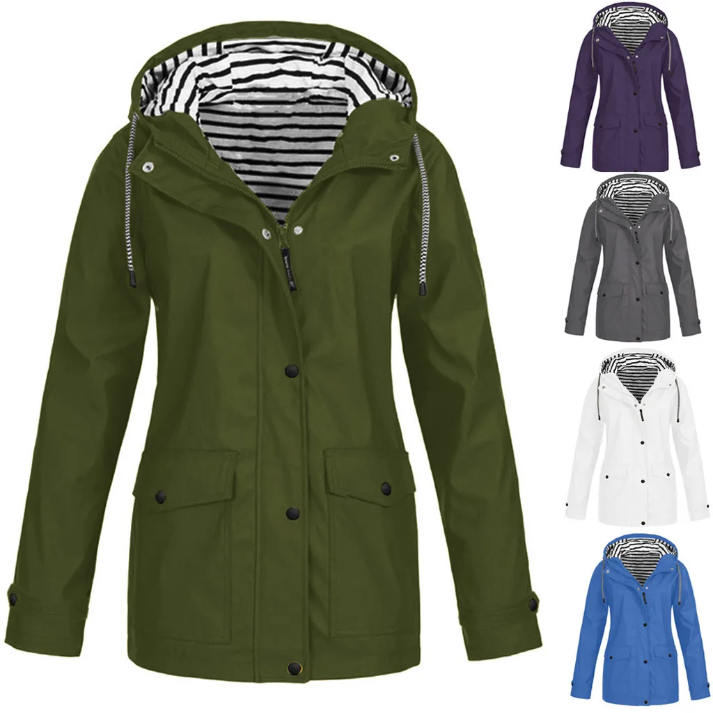

Windproof Raincoat Jacket Hooded Women Size Waterproof Rain Solid Outdoor Women's Coat