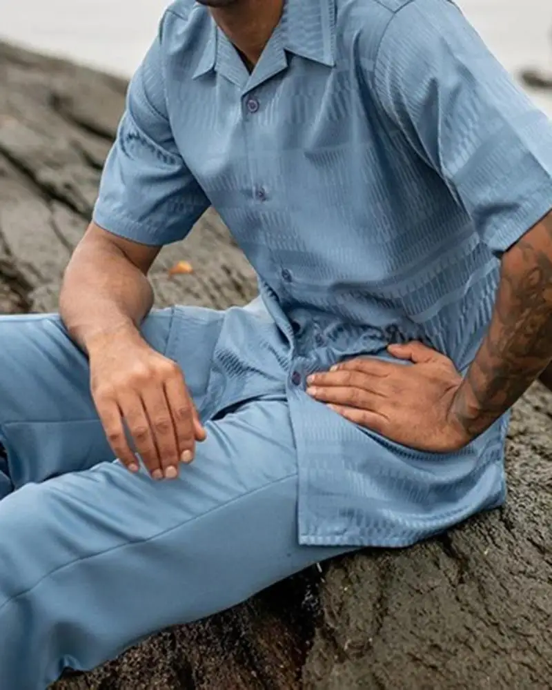 2023 Summer Hawaiian Beach Line Printed Men's Two-piece Fashion Casual Short-sleeved Shirt Suit Pants Party Suit S-4XL Pants