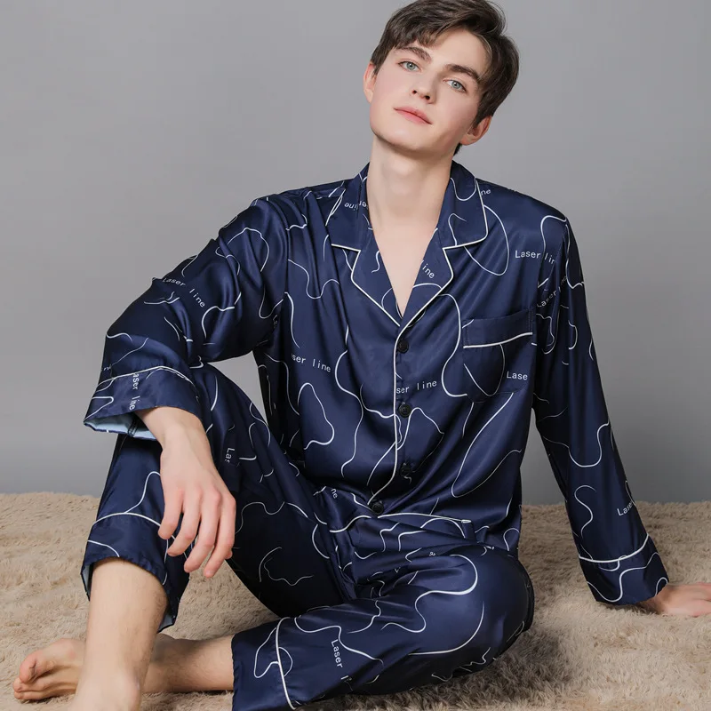 Flame Of Dream Men's Pajamas Spring Long Sleeved Silk Suit Men's Silk Trousers Home Clothes Ice Silk Thin Pajamas 22717