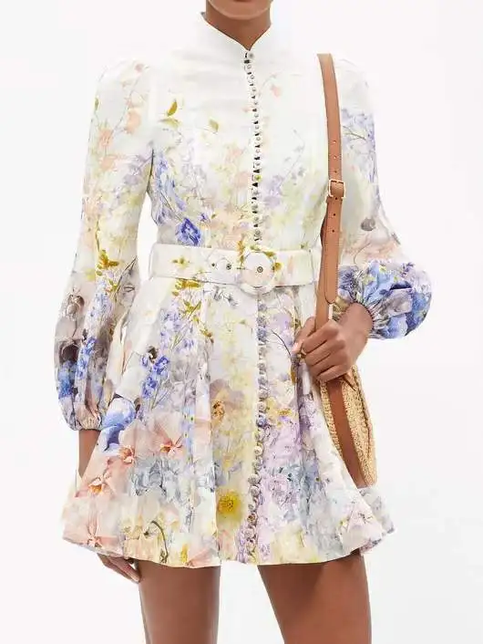 

2022 New Thedancer Citrus Garden Collection Rhyth Mic Button Fly Live Skirt Mini Dress 100 Linen Dress