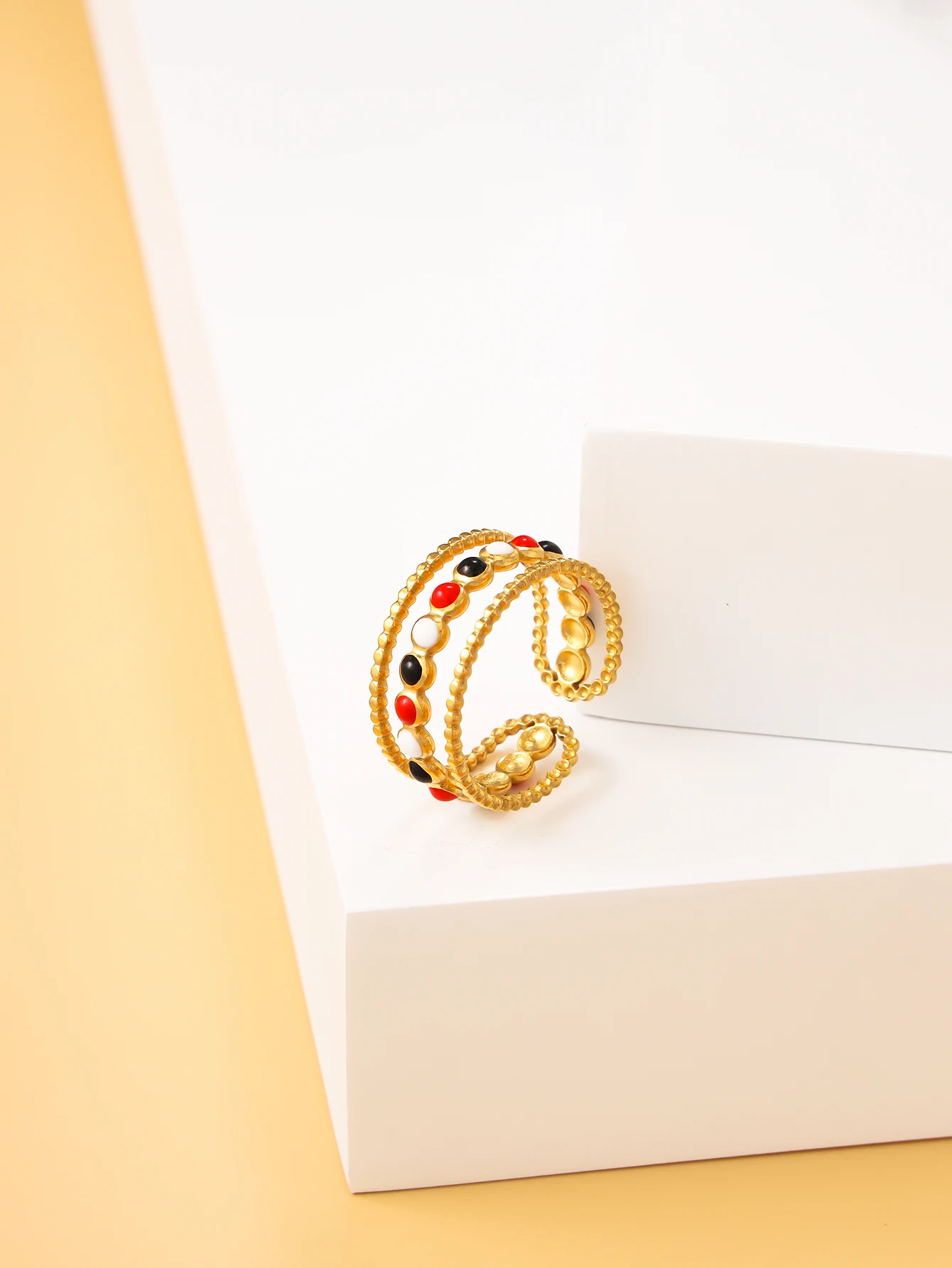 

Elegant Light Luxury Style Stainless Steel Open Hollow Dot Oil Dropping Colorful Ring for Women's Ring with Open Mouth