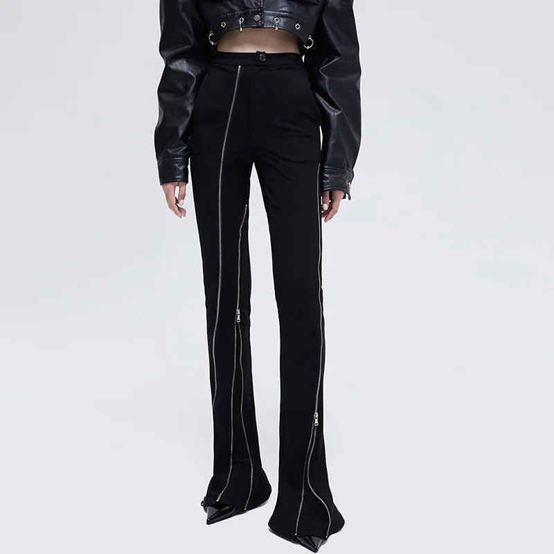Women Spring and Autumn Black Punk Metal Zipper Pants Skinny Tight Elastic Trousters Casual Wide Leg Pants For Female