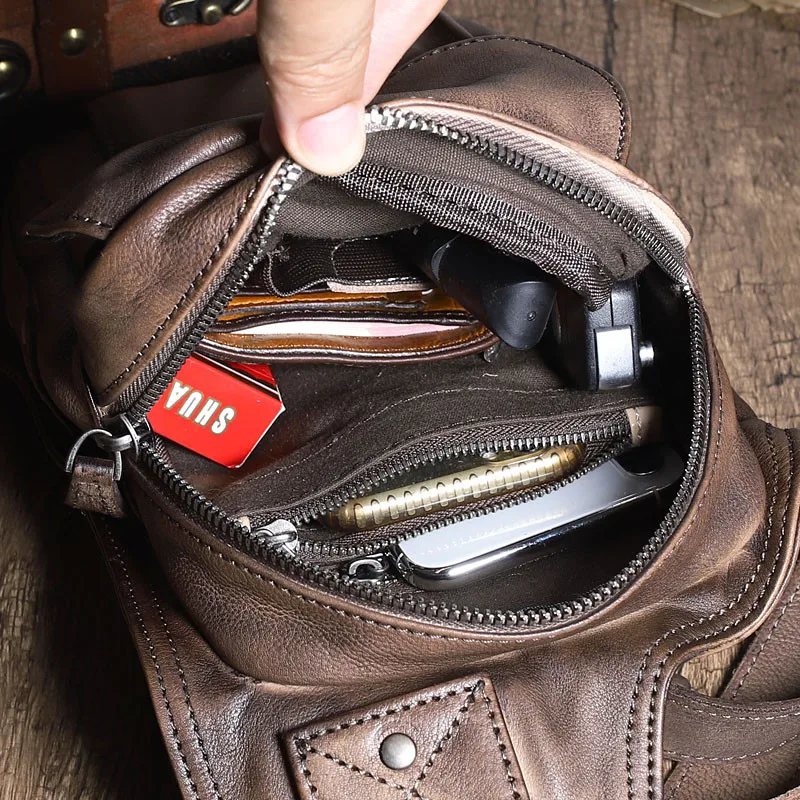 Vintage designer natural genuine leather men's chest bag casual designer handmade real cowhide outdoor daily crossbody bag