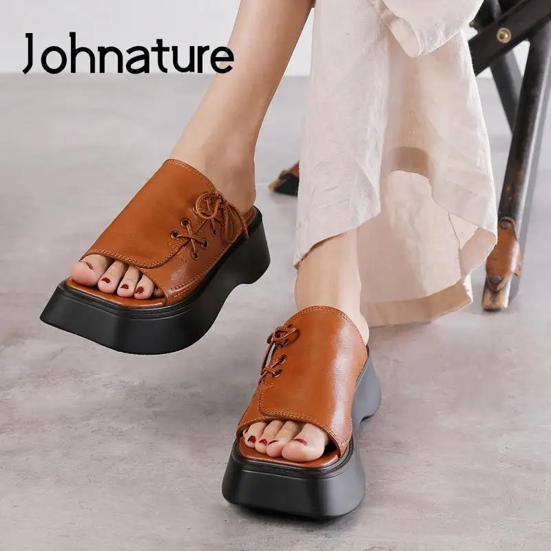 

Johnature Handmade Genuine Leather 2022 Peep Toe Thick Soled Slippers Retro Slope Heel Comfortable Solid Shoes For Women
