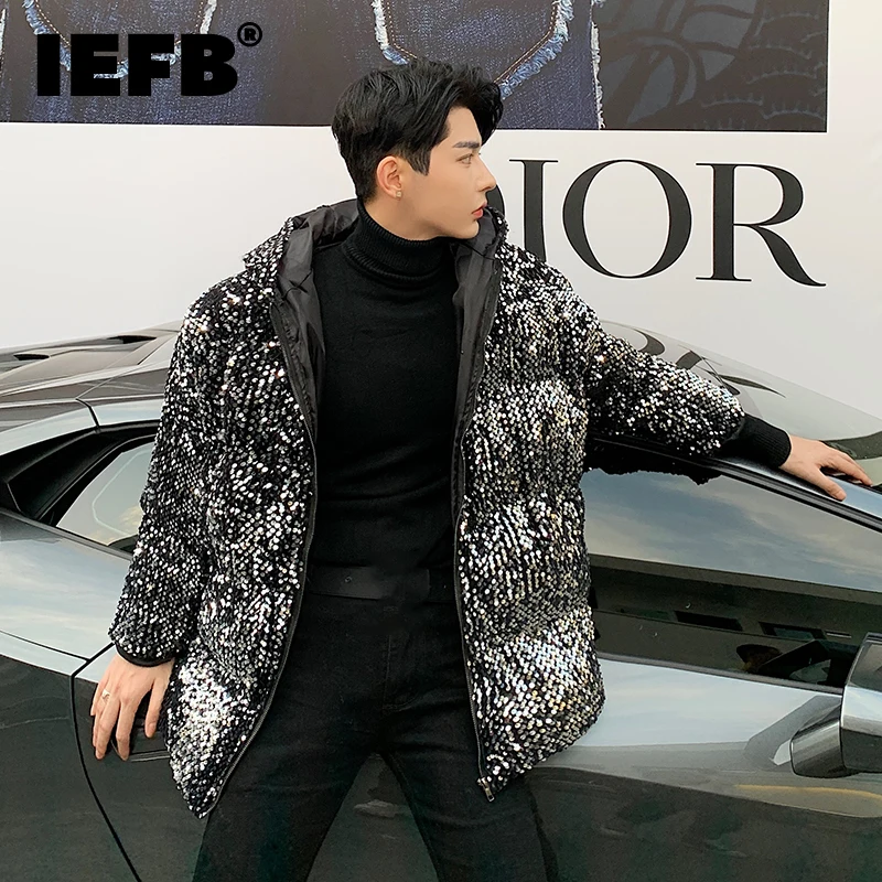 

Куртка IEFB на хлопковом наполнителе с пайетками и капюшоном, повседневная мужская короткая куртка на молнии с длинным рукавом в Корейском ст...