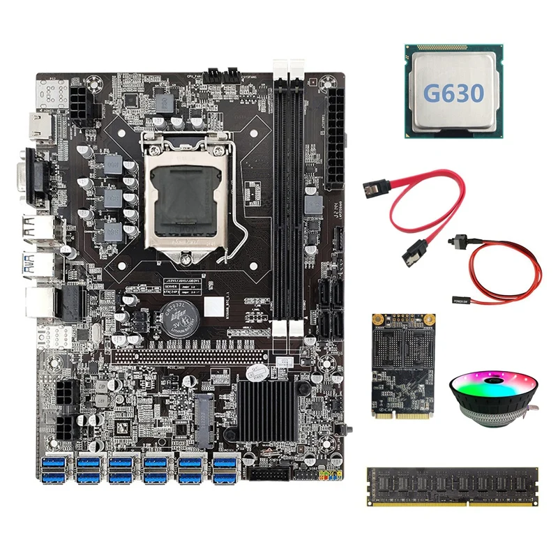 

Материнская плата B75 для майнинга, 12 USB + G630 ЦП + RGB вентилятор + DDR3 8 Гб 1600 МГц ОЗУ + 128G SSD + кабель переключателя + SATA кабель материнская плата