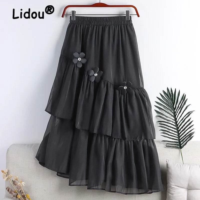 

Summer Ladies Korean Fashion Style Solid Color Versatile Large Skirts Irregular Stitching Three-dimensional Flower A-line Skirt