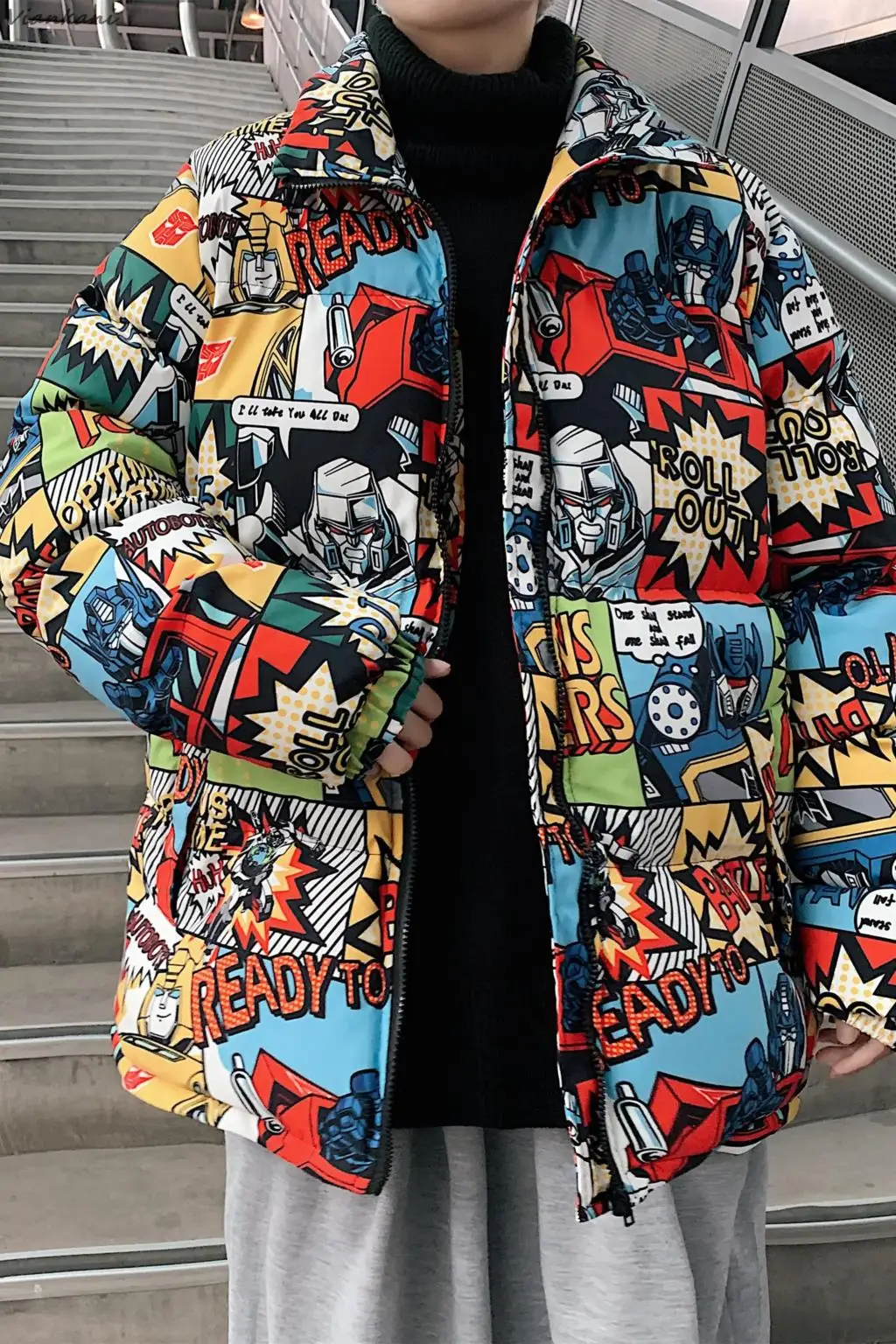 2022 Hip Hop Winter Men Parkas Casual Oversized Warm Korean Streetwear Cartoon Print Coat Fashion Thicken Zipper Mens Jackets