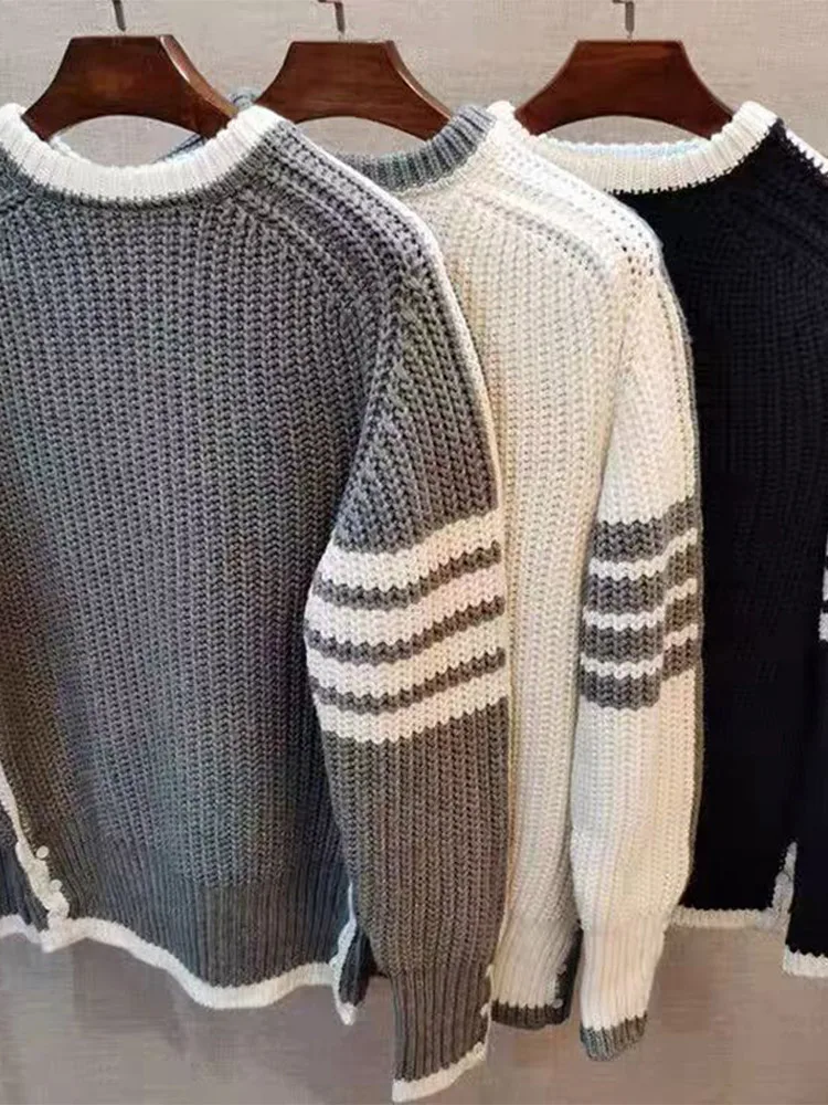 Весенне-осенний модный полосатый контрастный вязаный свитер мужской