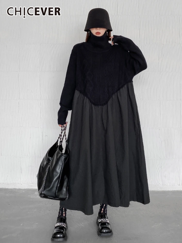 

CHICEVER пуловер, вязаный свитер для женщин, водолазка с длинным рукавом, высокая талия, складки, минималистичное платье, женская осенняя одежда, новинка