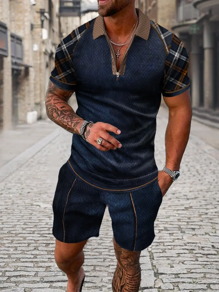 2023 New Summer Men's Shorts Set Short Sleeve Zip Polo Shirt Street T-shirt Two Piece Casual Sportswear