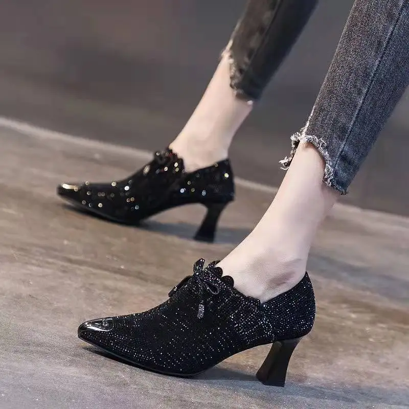 

2022 Spring Sexy Glitter Rhinestones Luxury High Heels Women Crystal Bowknot Wedding Party Prom Shoes Female New Casual Pumps