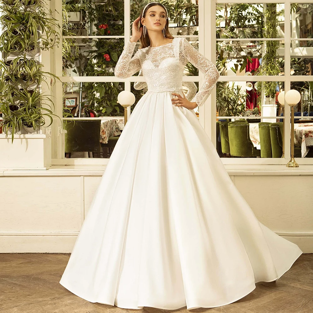 

High Quality Long SleevesWedding Gowns Lace Sequin A Line See Through Scoop Neck Satin Bridal Dress 2023 Vestidos De Novia