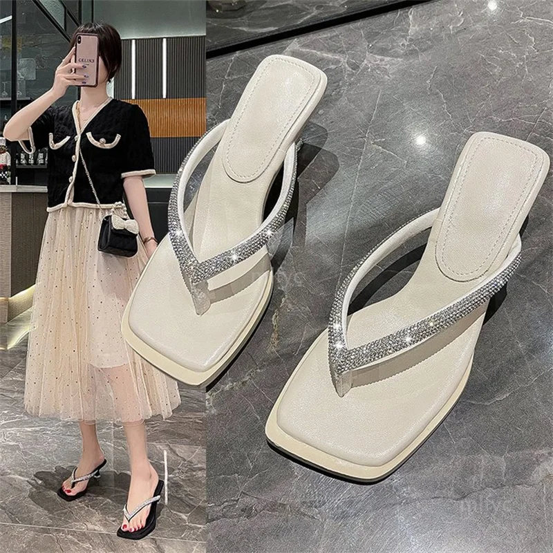 

2021 summer new Korean style flip flops rhinestone high heel sandals stiletto slippers women's shoes slippers women women shoes