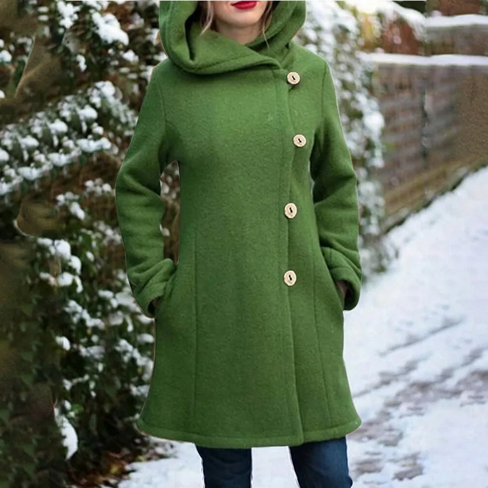 

Winter Women Woolen Coats Vintage Single Breasted Hooded Jackets Female Solid Pocket Slim Fit Coats Casual Warm Overcoat