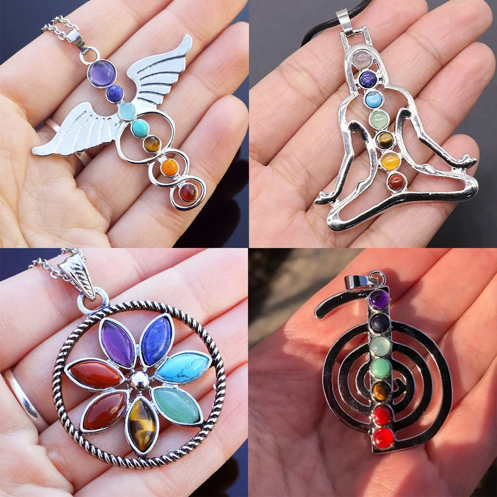 

7 Chakra Cho Ku Rei Symbol Moon Angel Wings Gemstone Pendant Balance Energy Yoga Meditation Reiki Healing Necklace Jewelry