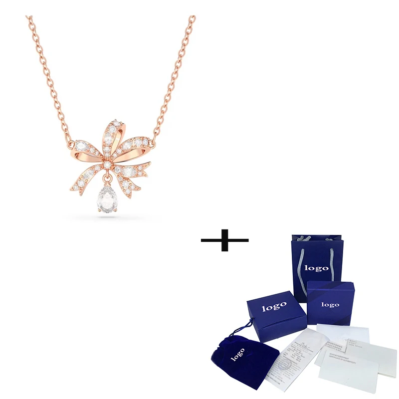 

2023 New Bow Knot Necklace Sparkling Pendant Crystal Clavicle Rose Gold Necklace Best Romantic Gift for Couples