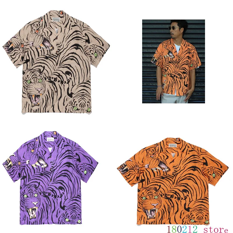 

23ss Wacko Maria Tiger Roar Print Series Short Shirt Men Women High Quality Hawaill Style Beach T-Shirt