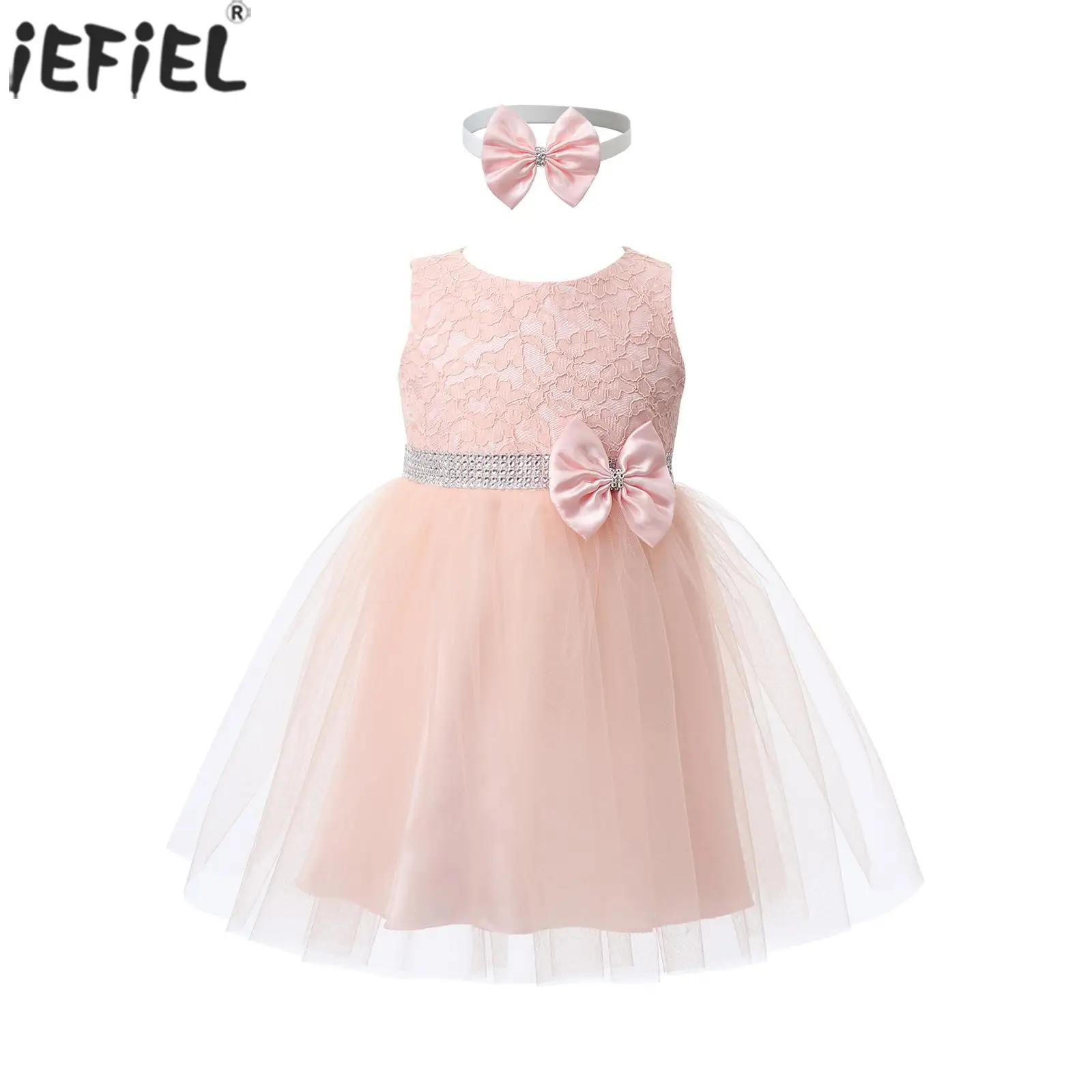 

Baby Girls Party Princess Dress Outfit Wedding Party Photography Costume Rhinestone Lace Tulle Dresses with Bowknot Headband