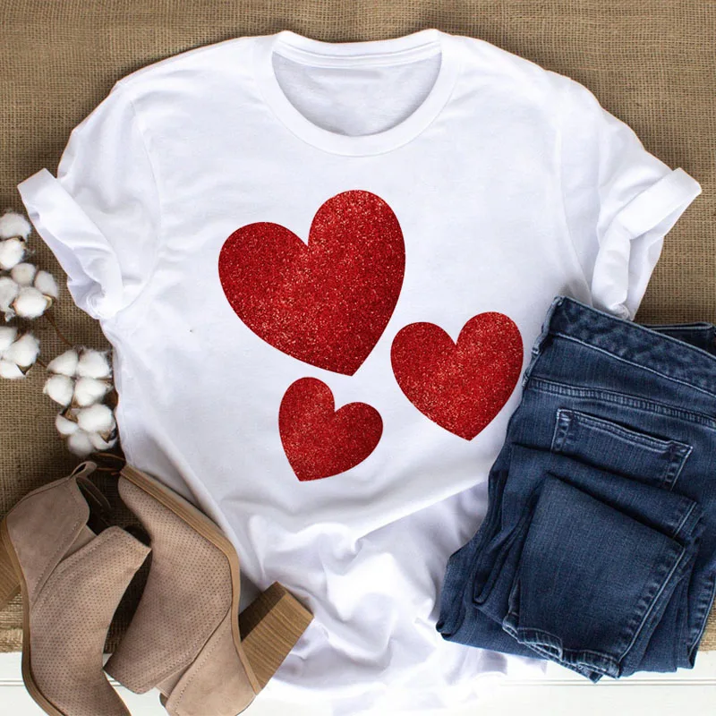 

New Women T Shirt Three Red Heart Love Print T Shirt Ladies Causal Tops Cute Woman Graphic Tee Shirts Female O-neck T-shirt Tops