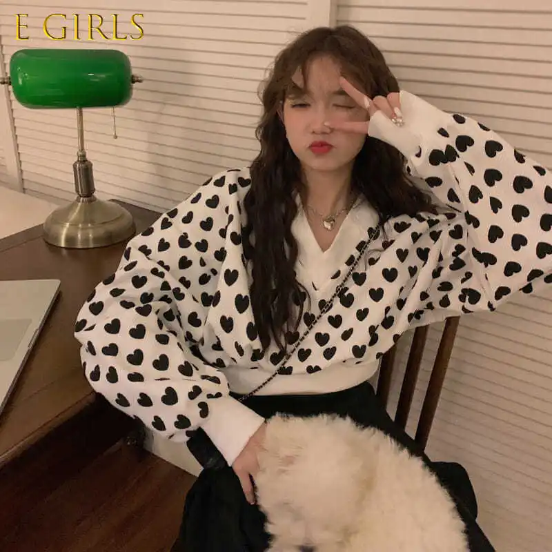 

E GIRLS Sweatshirts Women Cropped Autumn Korean Style Lovely V-neck Printed Design Full Sleeve Casual Preppy Street Wear