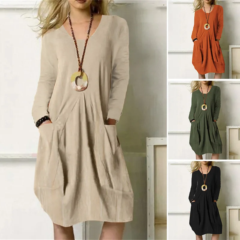 

2023 New Cotton Linen Loose Casual Dress Solid Pocket Dress Women