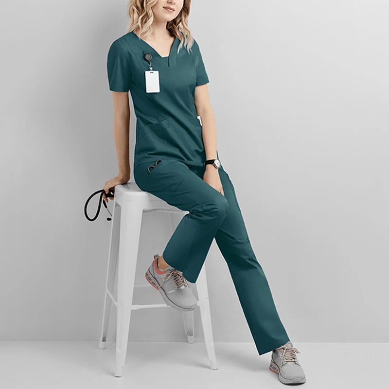 

1 Sets Uniform V Neck Solid Skin Manage Work Clothes Spa Scrub Women Short Sleeve Nurses Healthcare Tunic Therapist Workwear