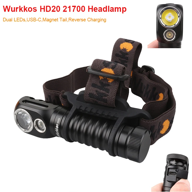  Налобный фонарь Wurkkos HD20, перезаряжаемый, 21700 лм, два светодиодный, LH351D XPL, USB, обратная зарядка, магнитный задний фонарь